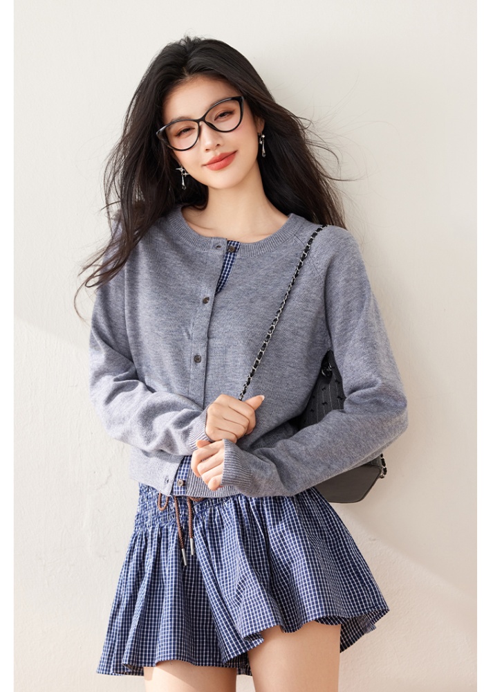 Wool raglan sleeve splice knitted round neck cardigan
