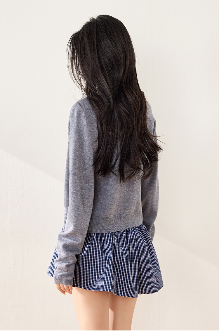 Wool raglan sleeve splice knitted round neck cardigan