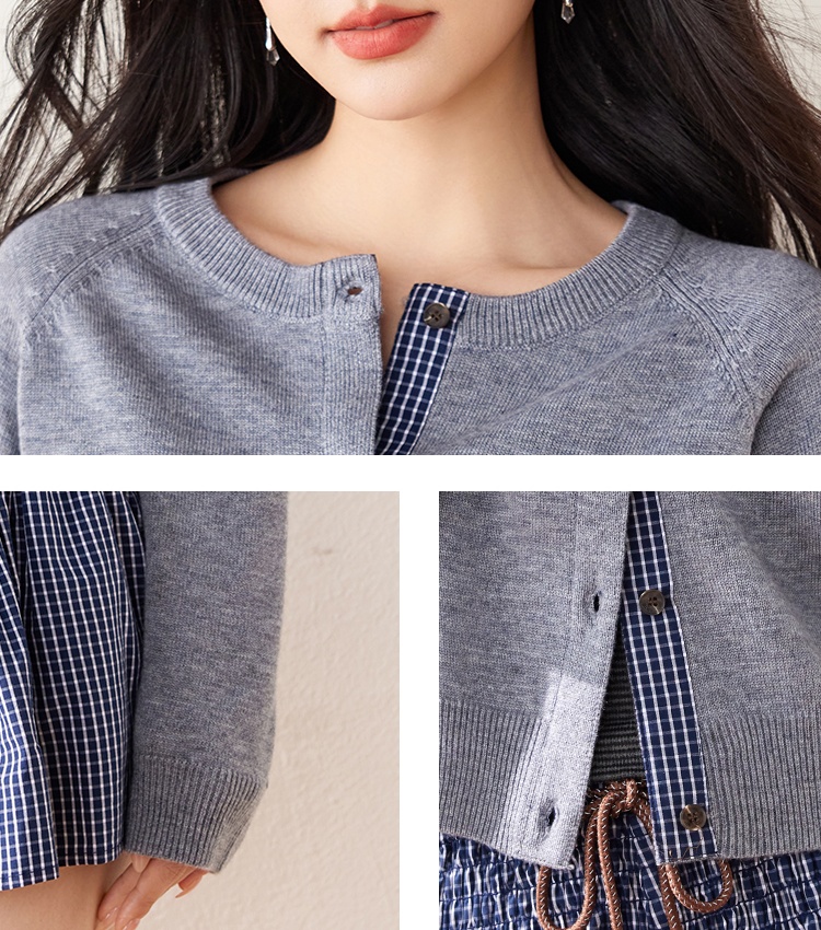 Wool raglan sleeve splice knitted round neck cardigan