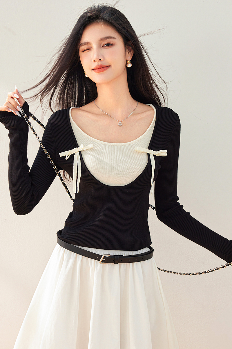 Bottoming slim tops ballet Pseudo-two sweater