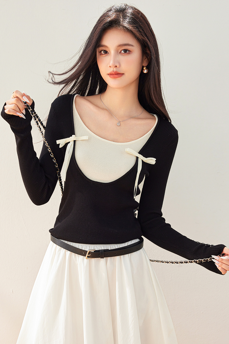 Bottoming slim tops ballet Pseudo-two sweater
