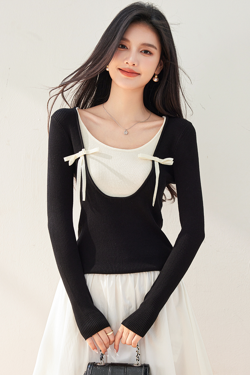 Bottoming slim tops ballet Pseudo-two sweater