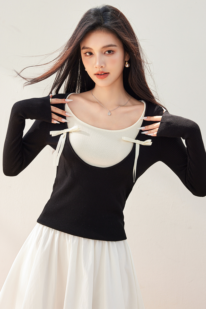 Bottoming slim tops ballet Pseudo-two sweater