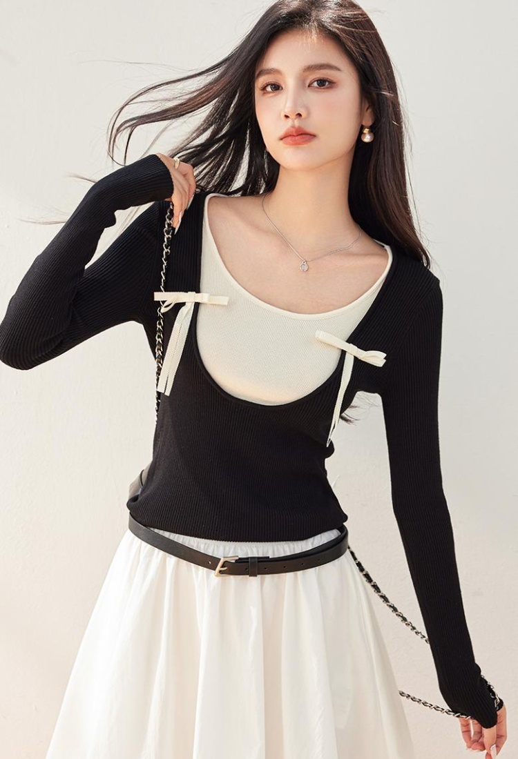 Bottoming slim tops ballet Pseudo-two sweater