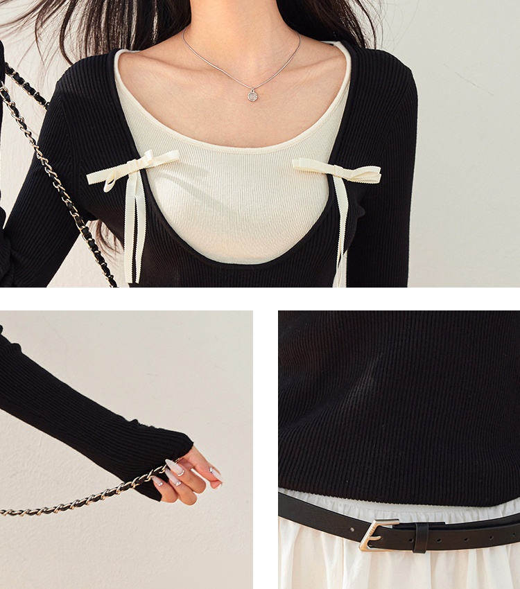 Bottoming slim tops ballet Pseudo-two sweater