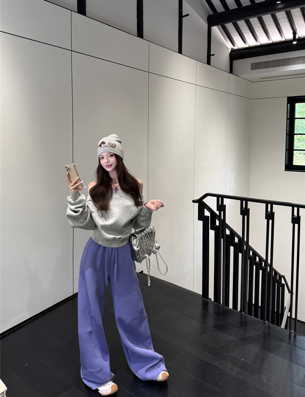 Printing flat shoulder sweatpants loose hoodie 2pcs set