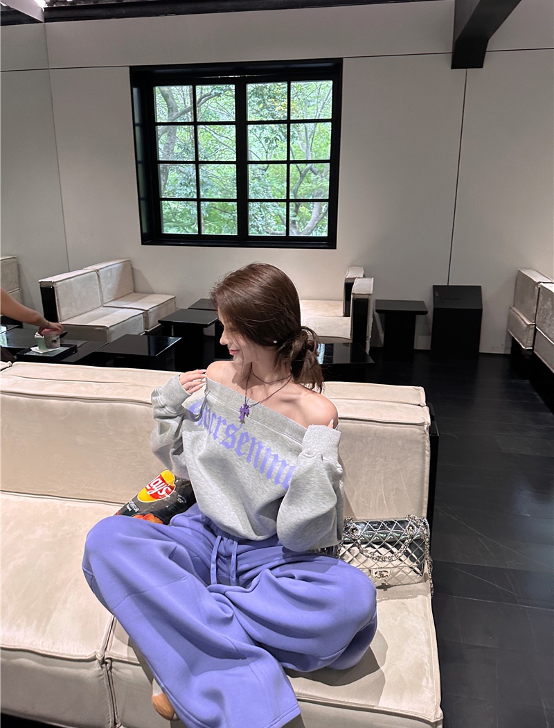 Printing flat shoulder sweatpants loose hoodie 2pcs set