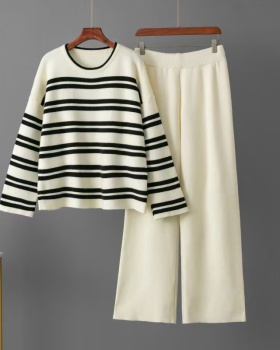 Sports sweater stripe wide leg pants 2pcs set