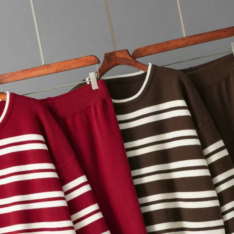 Sports sweater stripe wide leg pants 2pcs set