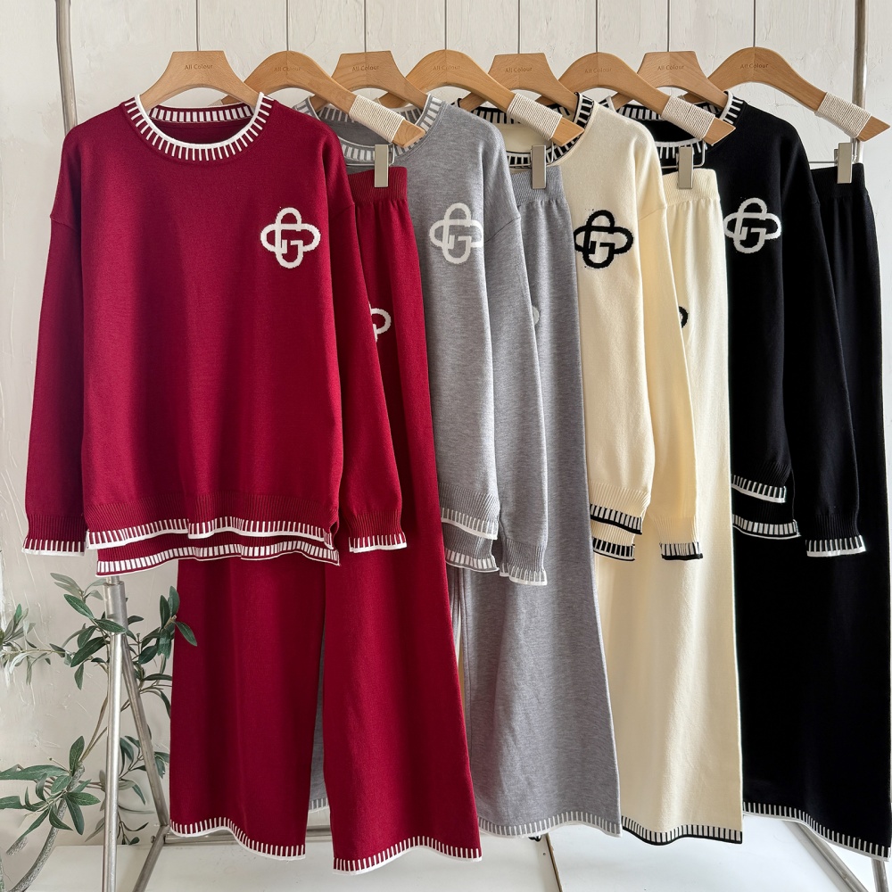 Fashion knitted wide leg pants sports tops 2pcs set for women
