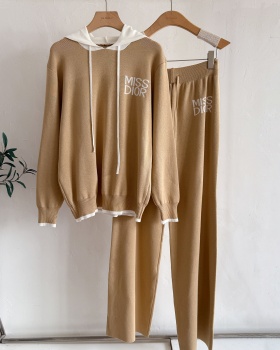 Hooded all-match hat knitted hoodie a set for women
