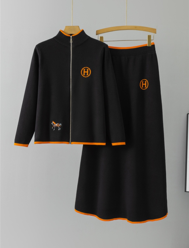 Long sleeve mixed colors coat knitted short skirt 2pcs set