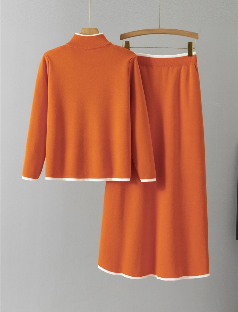 Long sleeve mixed colors coat knitted short skirt 2pcs set