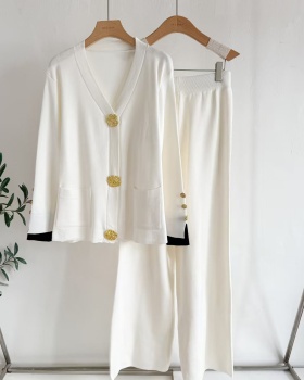 Casual wide leg pants metal buckles cardigan 2pcs set