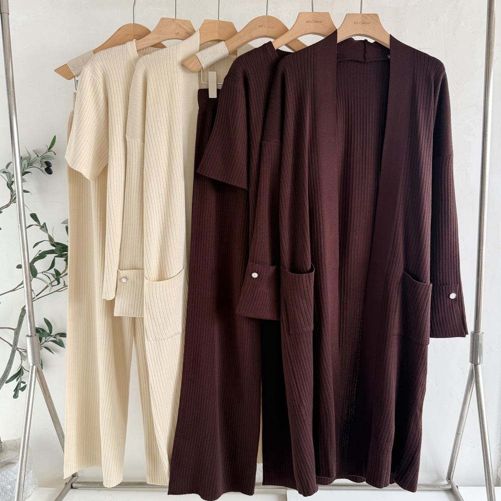 Long knitted coat temperament tops 3pcs set for women