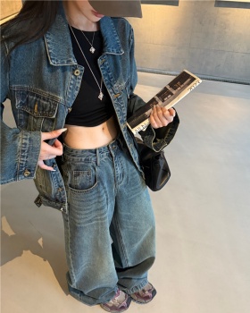 Denim Casual coat long sleeve retro jacket 2pcs set for women
