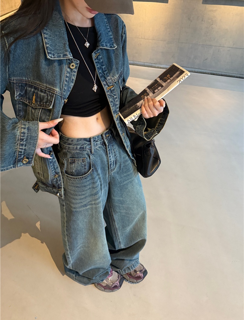 Denim Casual coat long sleeve retro jacket 2pcs set for women