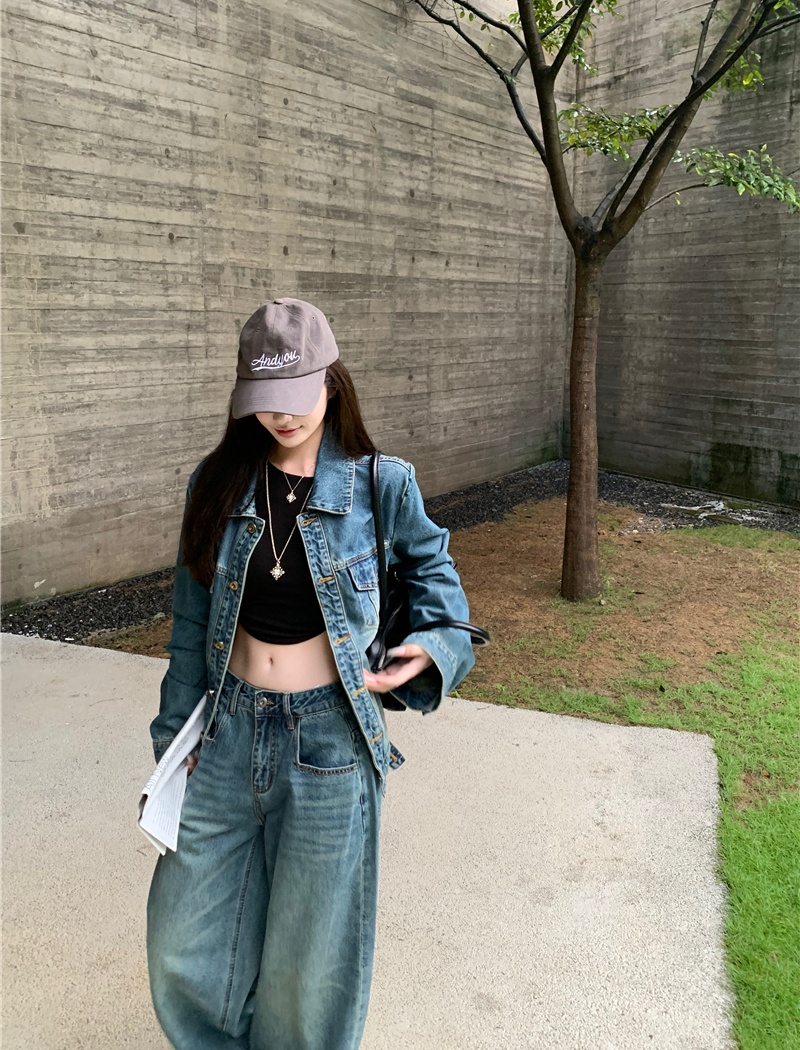 Denim Casual coat long sleeve retro jacket 2pcs set for women