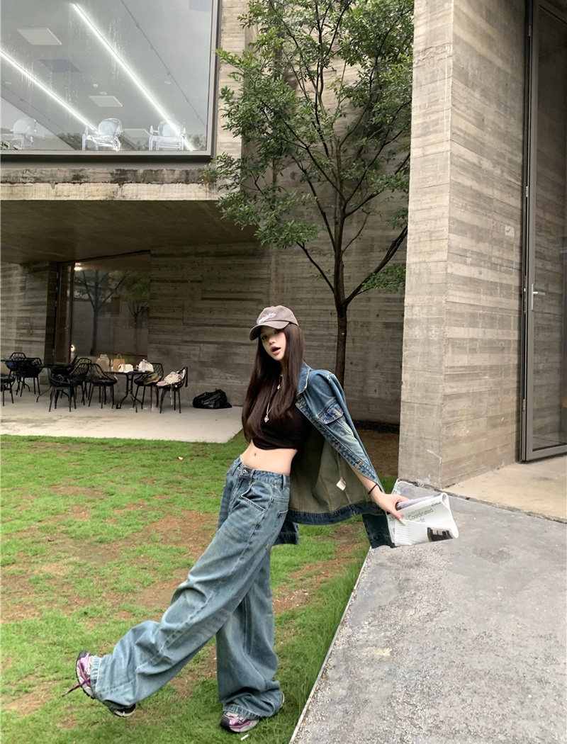 Denim Casual coat long sleeve retro jacket 2pcs set for women