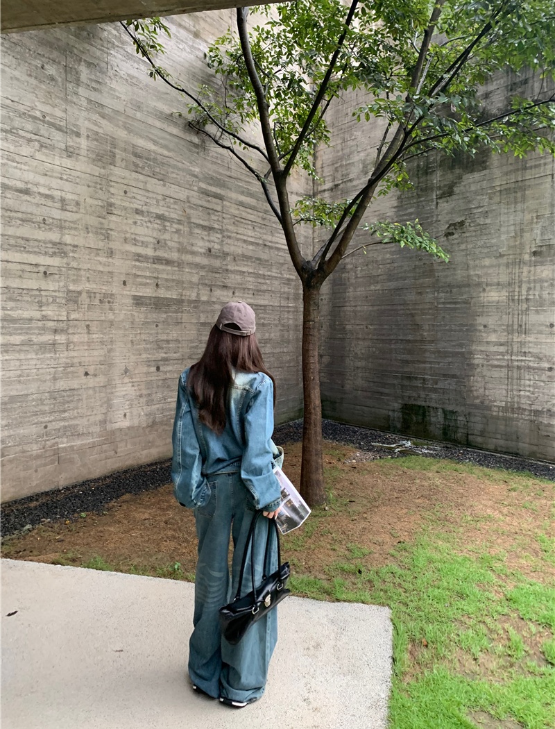 Denim Casual coat long sleeve retro jacket 2pcs set for women