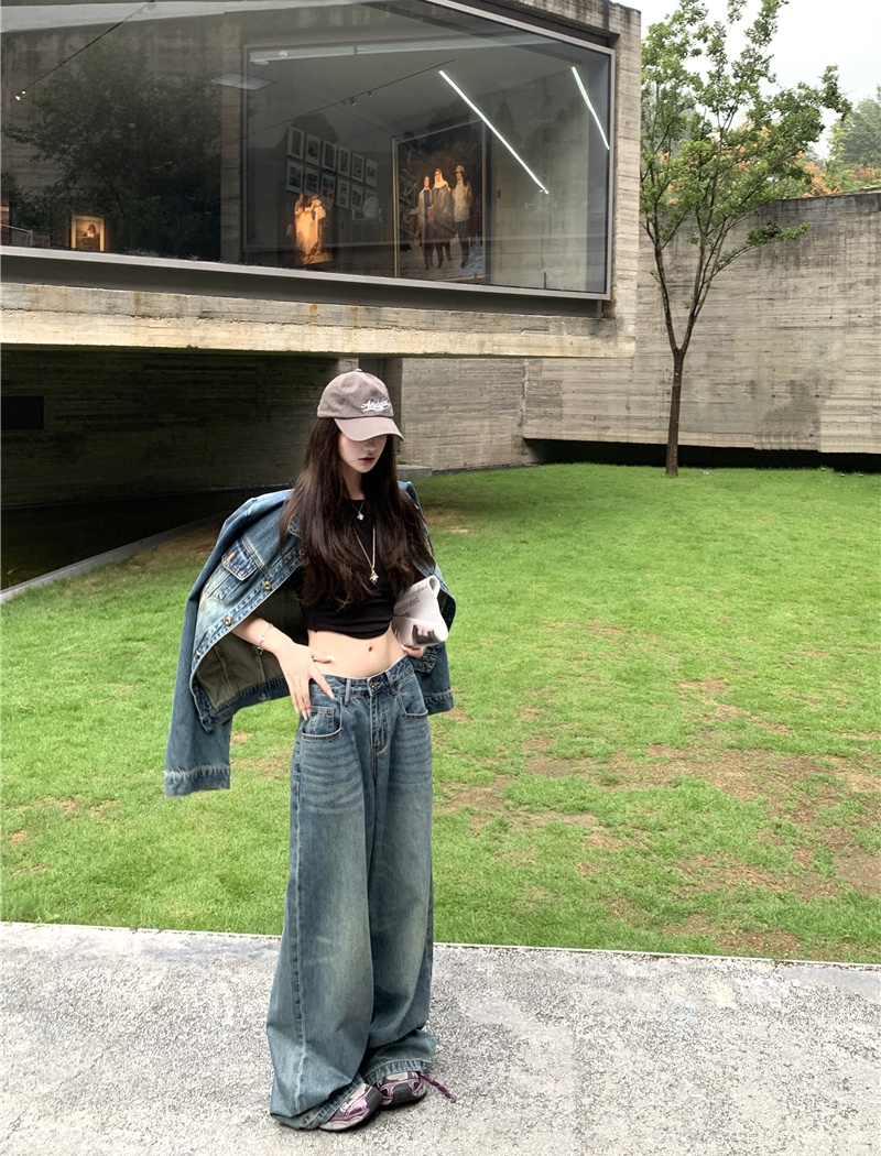 Denim Casual coat long sleeve retro jacket 2pcs set for women