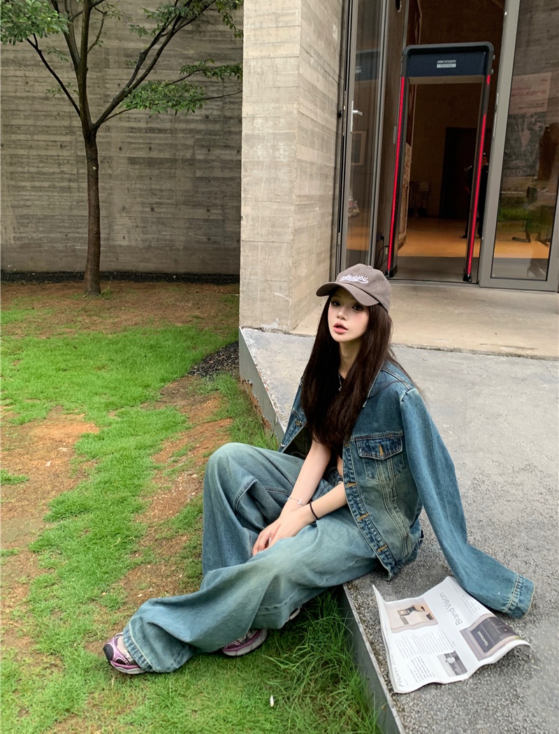 Denim Casual coat long sleeve retro jacket 2pcs set for women