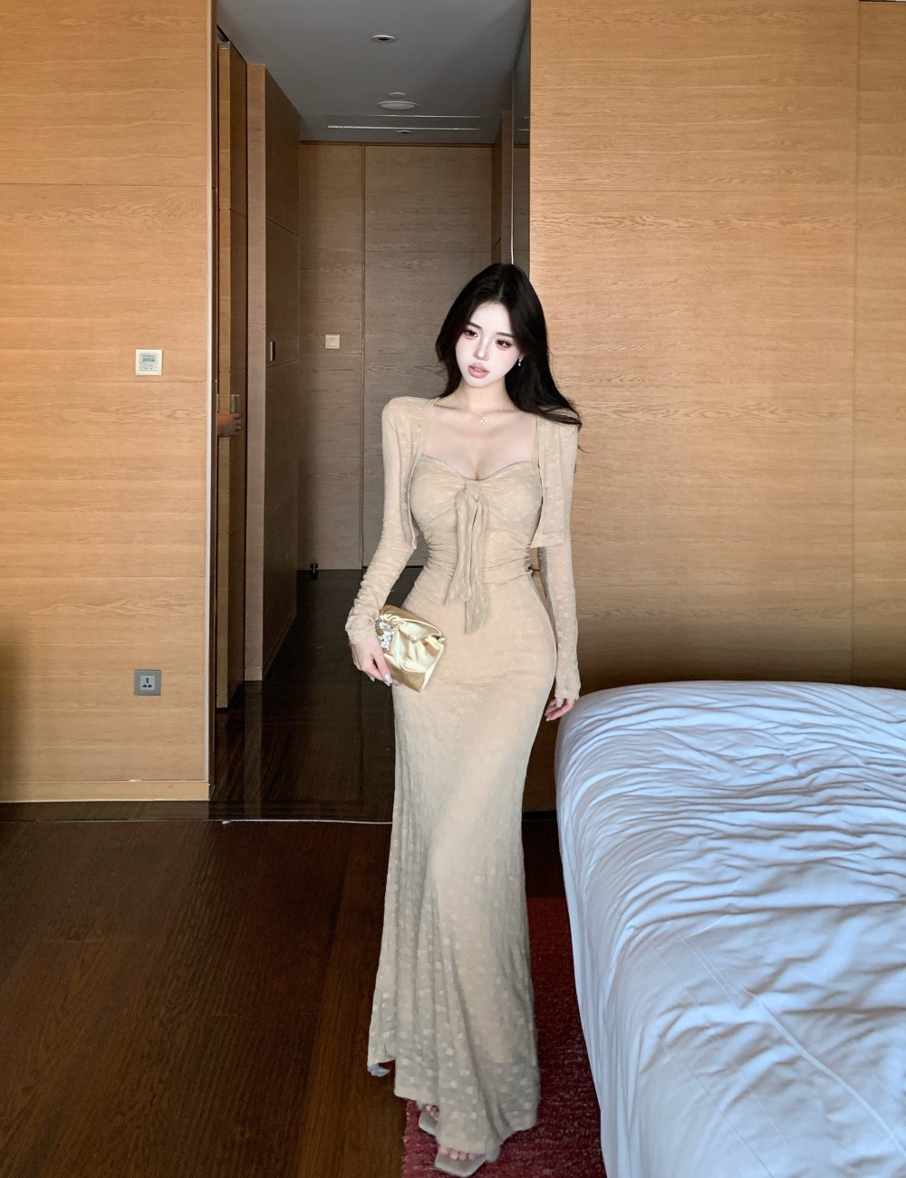 Enticement slim long dress sling cardigan a set for women