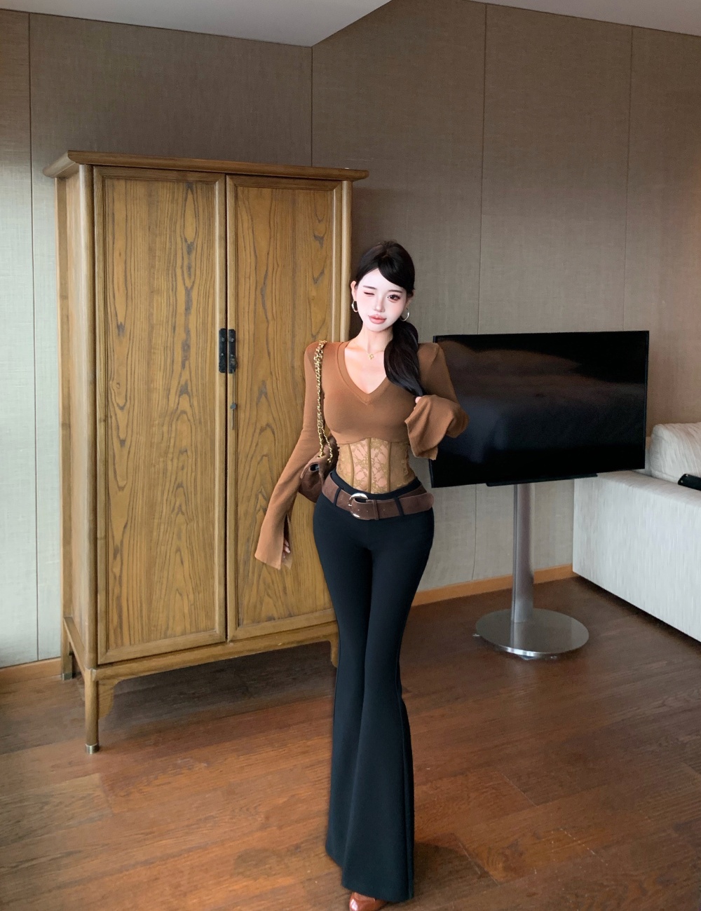 Sexy spicegirl casual pants long sleeve belt for women