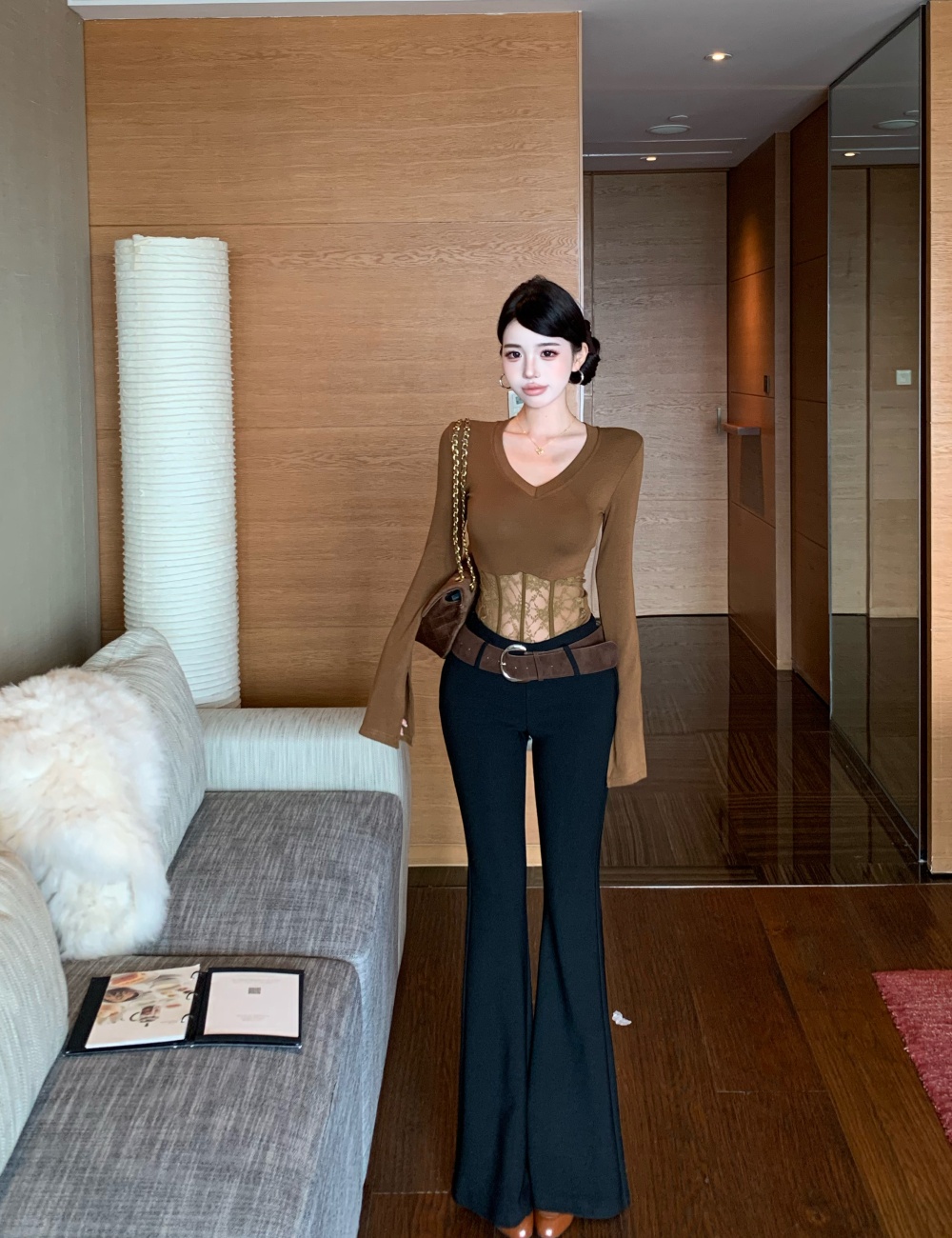 Sexy spicegirl casual pants long sleeve belt for women