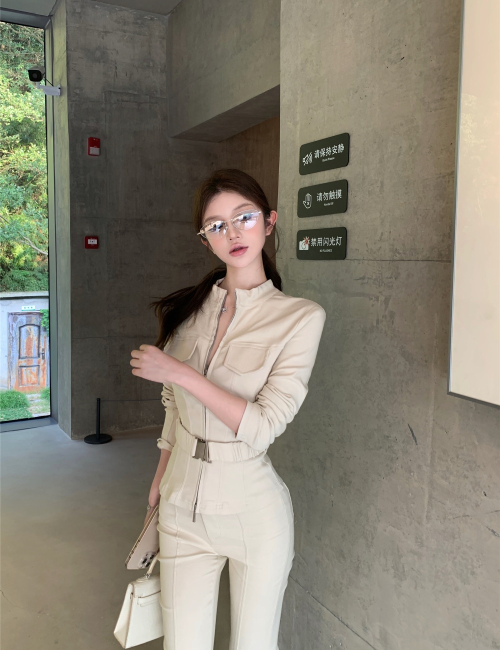 Cstand collar Casual tops high waist slim pants for women