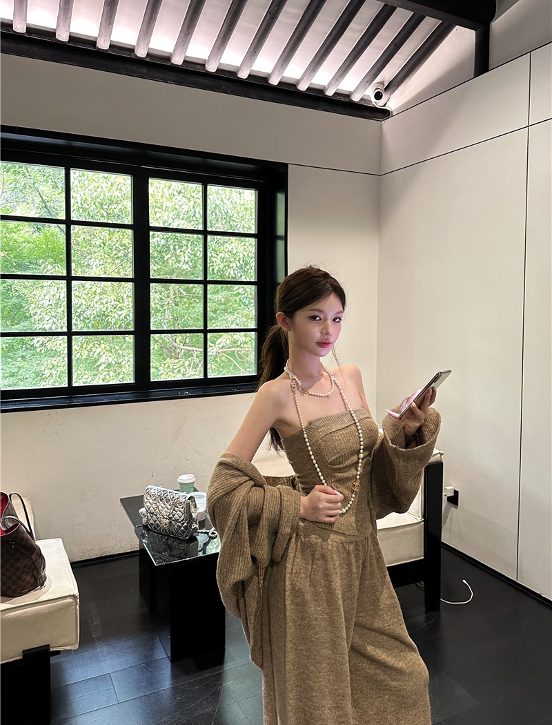 Lazy wrapped chest tops knitted smock 3pcs set for women
