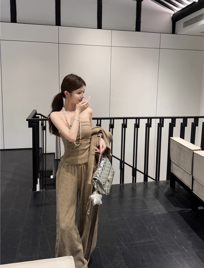 Lazy wrapped chest tops knitted smock 3pcs set for women