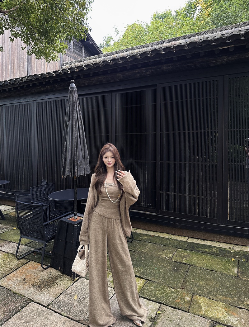 Lazy wrapped chest tops knitted smock 3pcs set for women