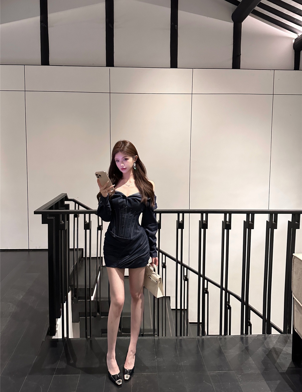 Slim pinched waist flat shoulder spicegirl dress for women