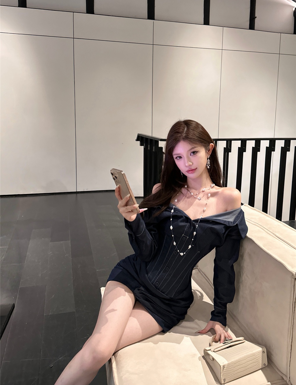 Slim pinched waist flat shoulder spicegirl dress for women