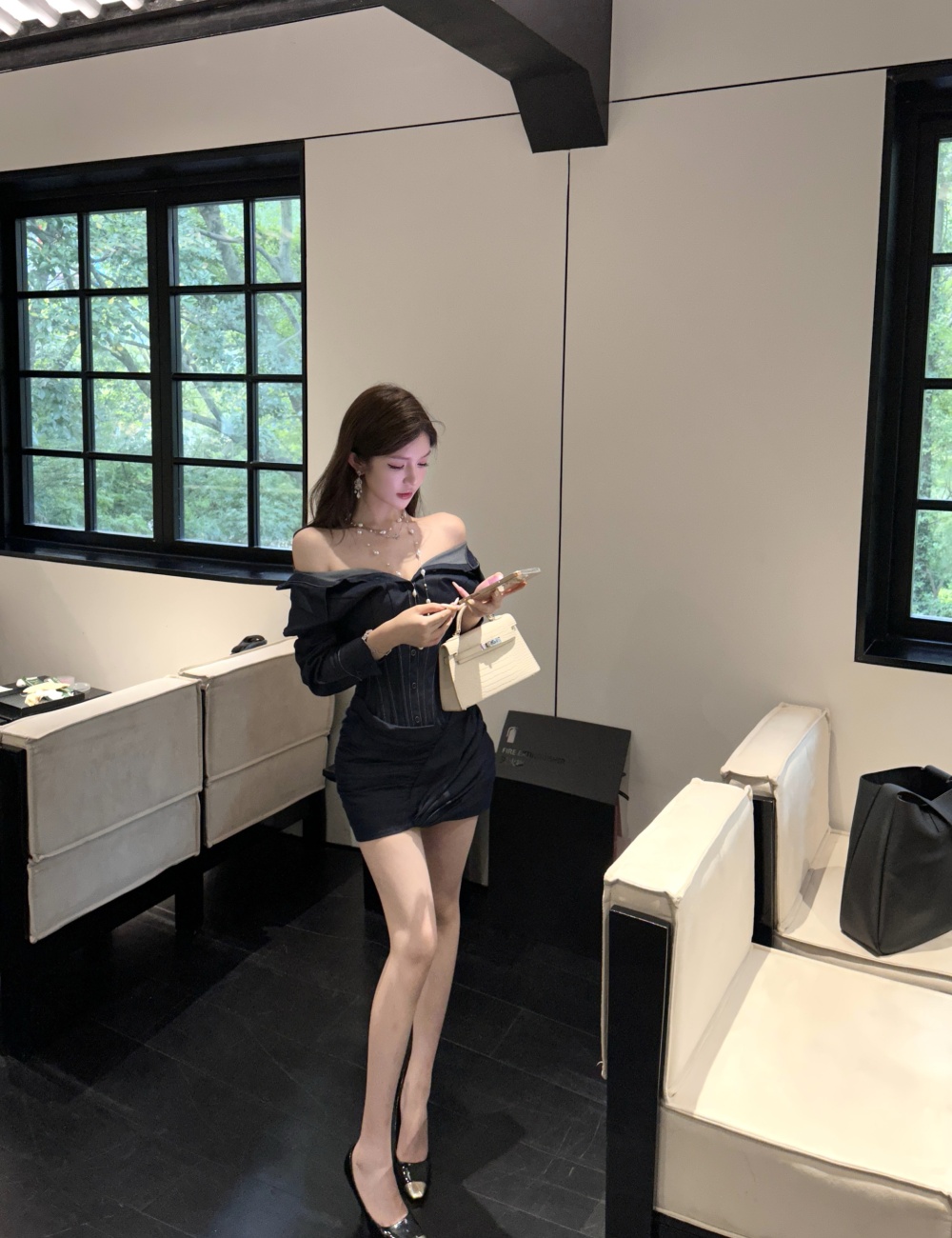 Slim pinched waist flat shoulder spicegirl dress for women