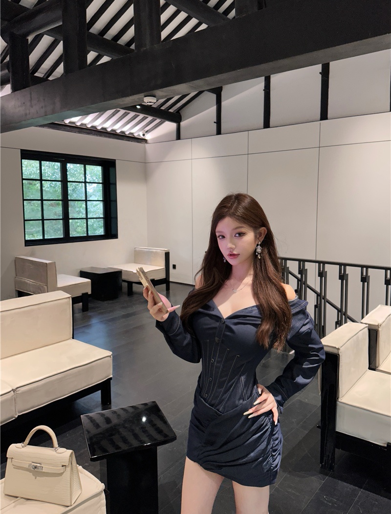 Slim pinched waist flat shoulder spicegirl dress for women