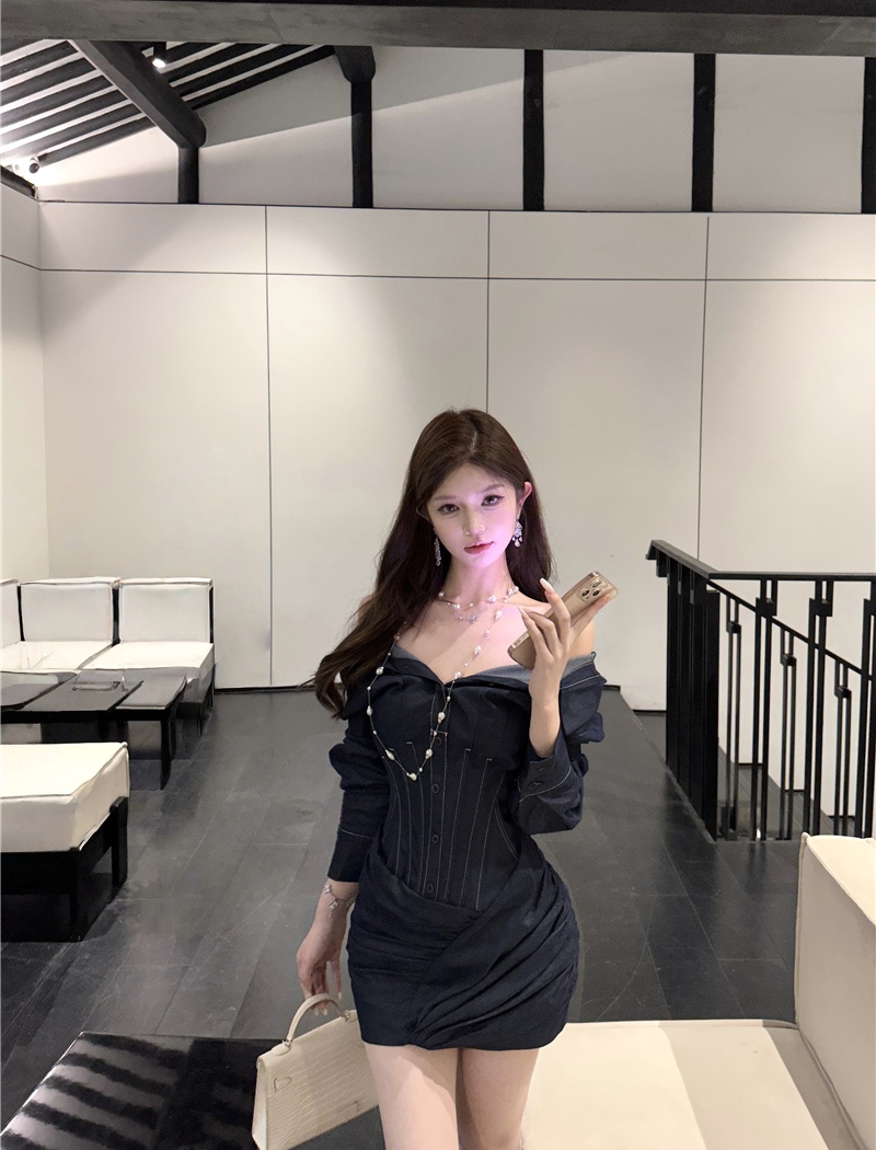 Slim pinched waist flat shoulder spicegirl dress for women
