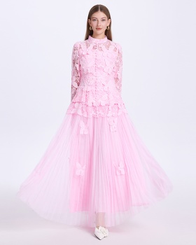Stereoscopic jacquard lace tops pinched waist slim skirt