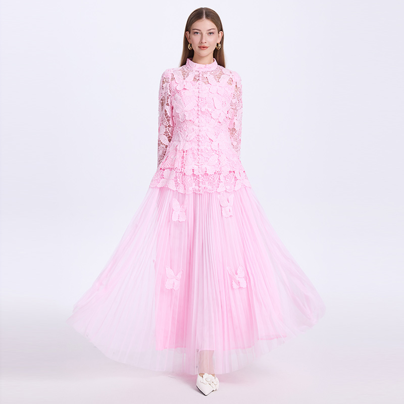 Stereoscopic jacquard lace tops pinched waist slim skirt