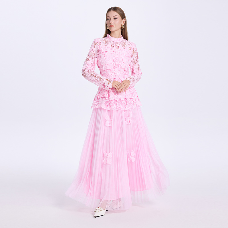 Stereoscopic jacquard lace tops pinched waist slim skirt