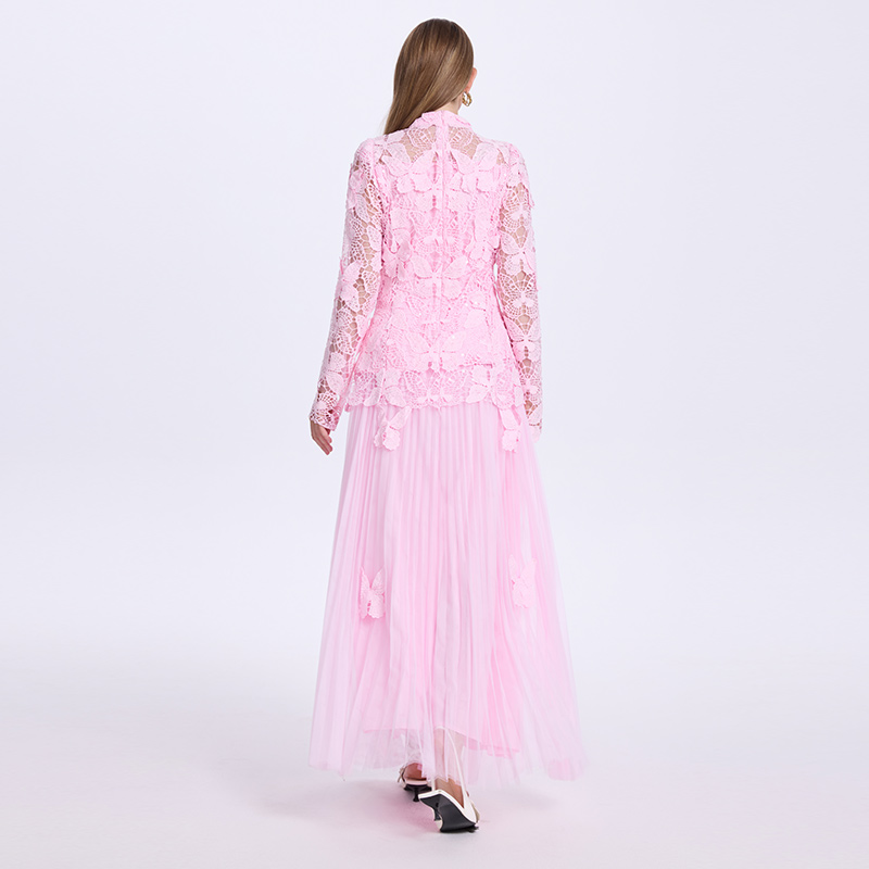 Stereoscopic jacquard lace tops pinched waist slim skirt