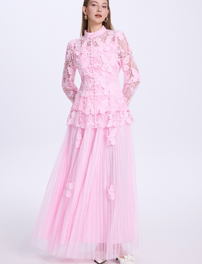 Stereoscopic jacquard lace tops pinched waist slim skirt