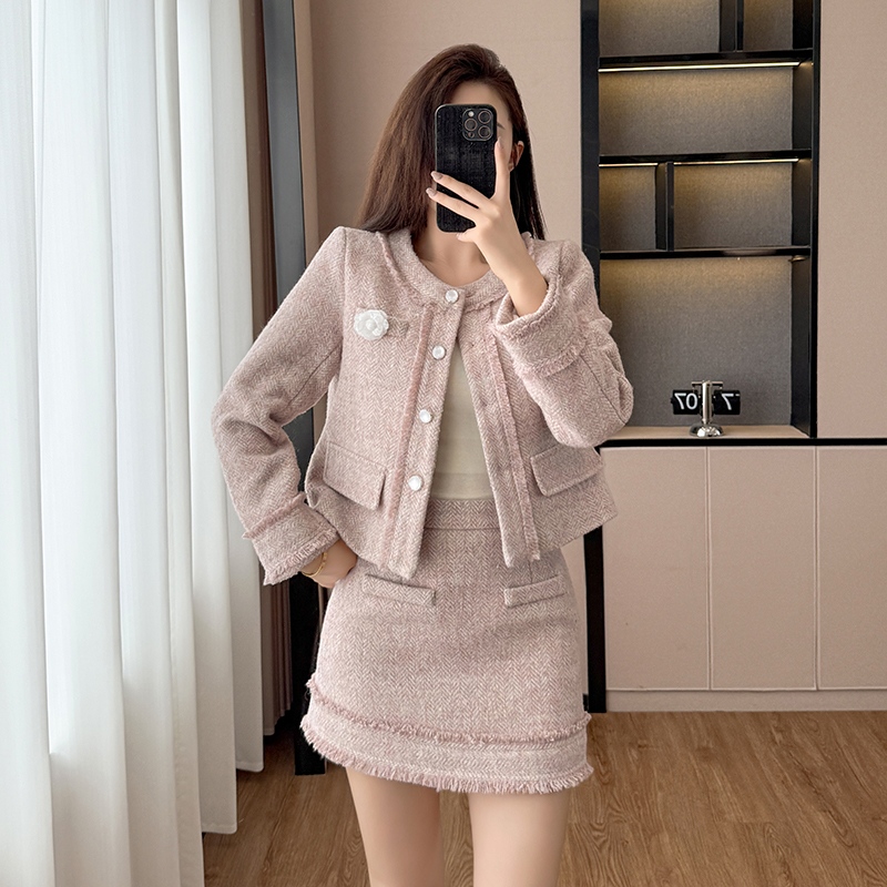 Chanelstyle coat temperament short skirt 2pcs set for women