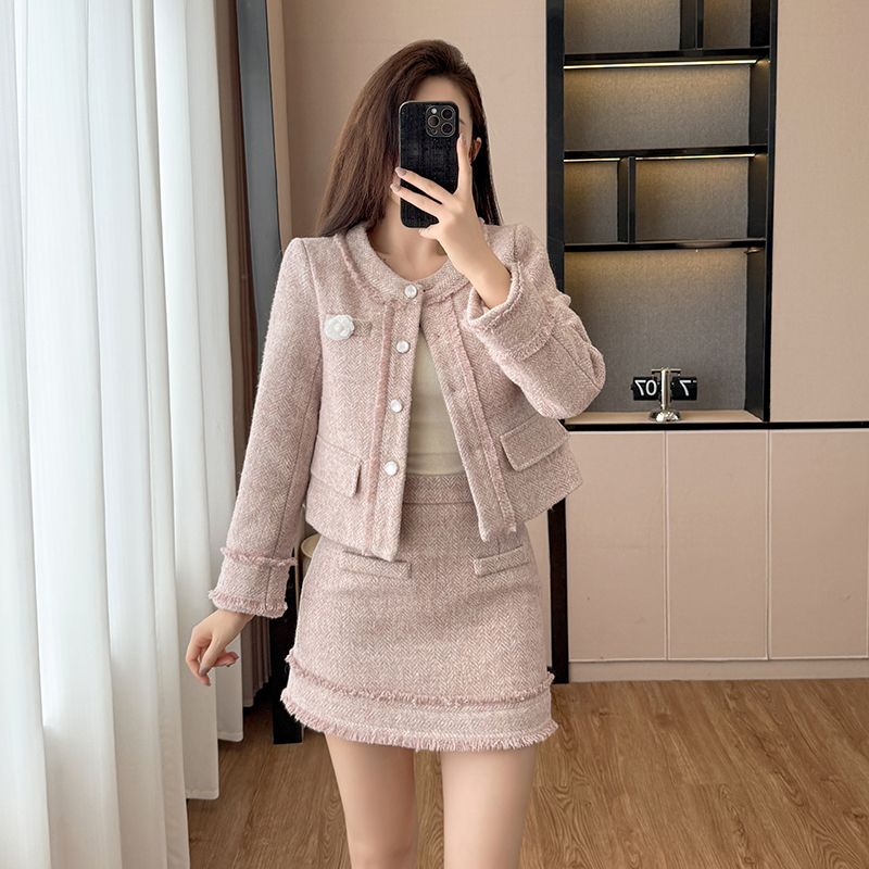 Chanelstyle coat temperament short skirt 2pcs set for women