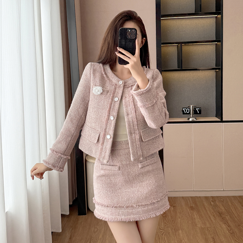 Chanelstyle coat temperament short skirt 2pcs set for women
