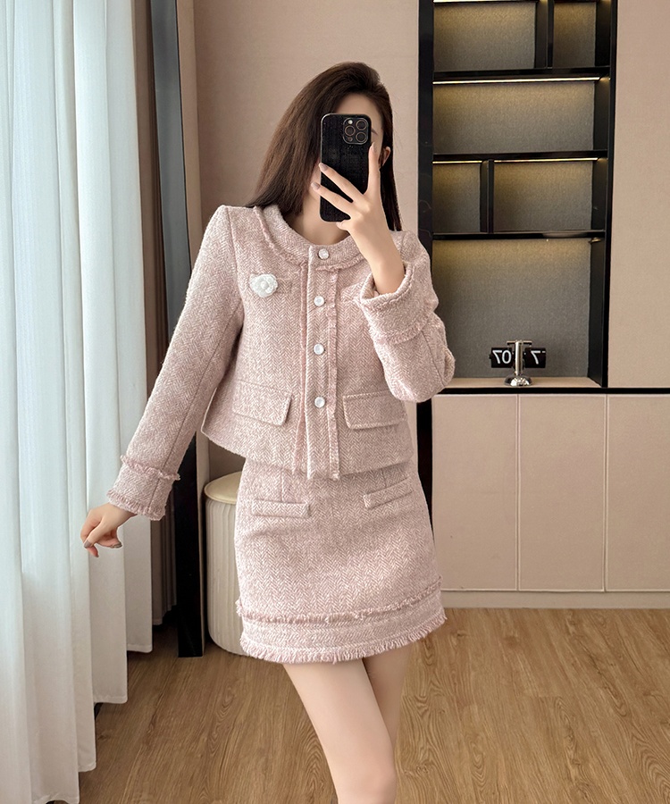Chanelstyle coat temperament short skirt 2pcs set for women