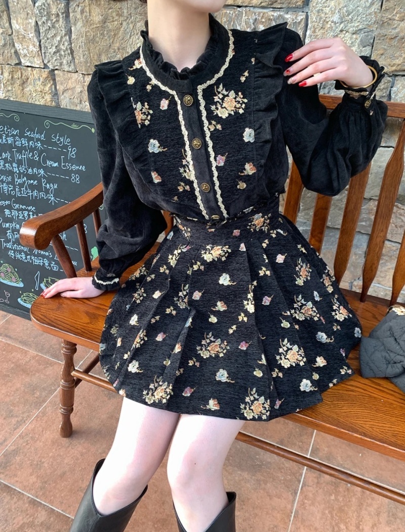 Long sleeve rose tops retro niche shirt a set for women