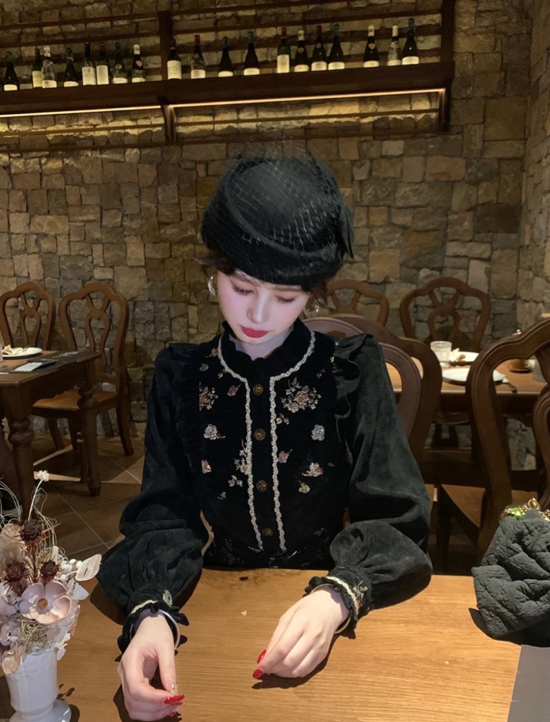 Long sleeve rose tops retro niche shirt a set for women