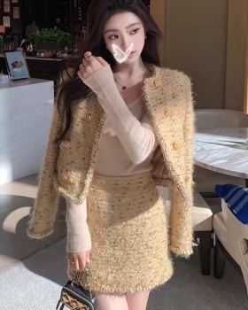Rhinestone gold short skirt woolen jacket a set for women